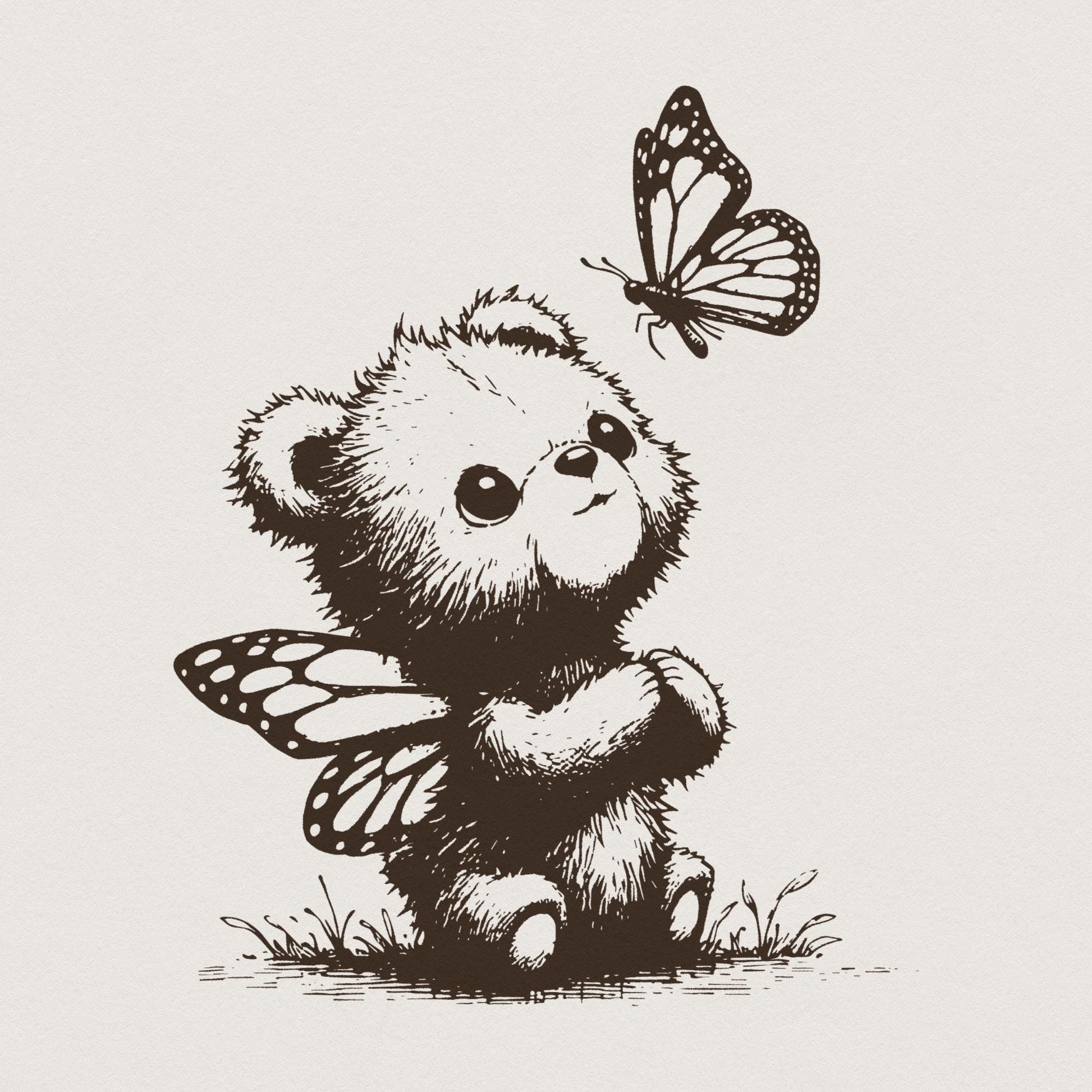 Adorable Grizzly Bear with Butterfly Wings PNG, Vintage Animal Sketch -
