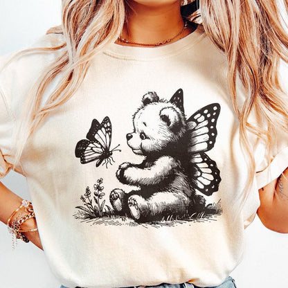 Adorable Bear with Butterfly Wings PNG, Vintage Animal Sketch - 300 DPI
