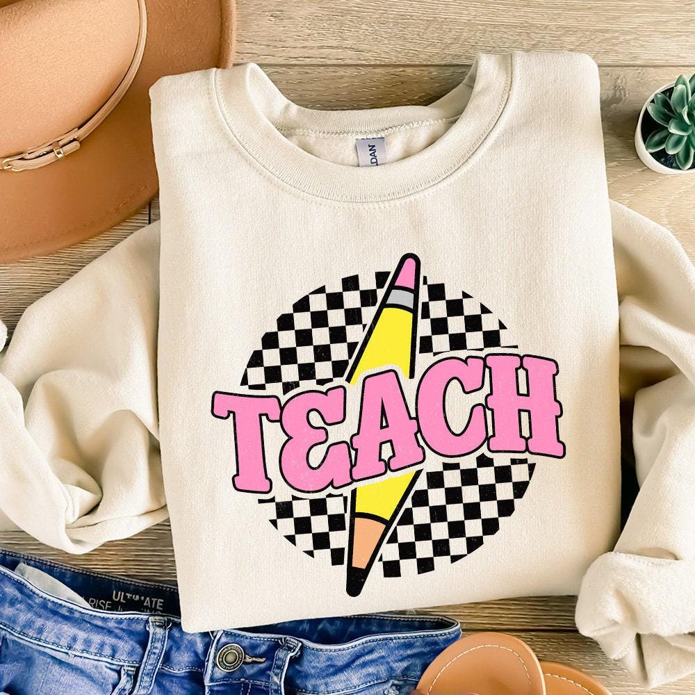 Checkered Teach PNG, Retro Teacher Shirt Sublimation Design - 300 DPI