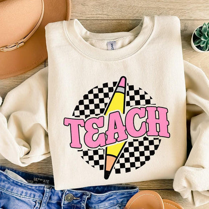 Checkered Teach PNG, Retro Teacher Shirt Sublimation Design - 300 DPI