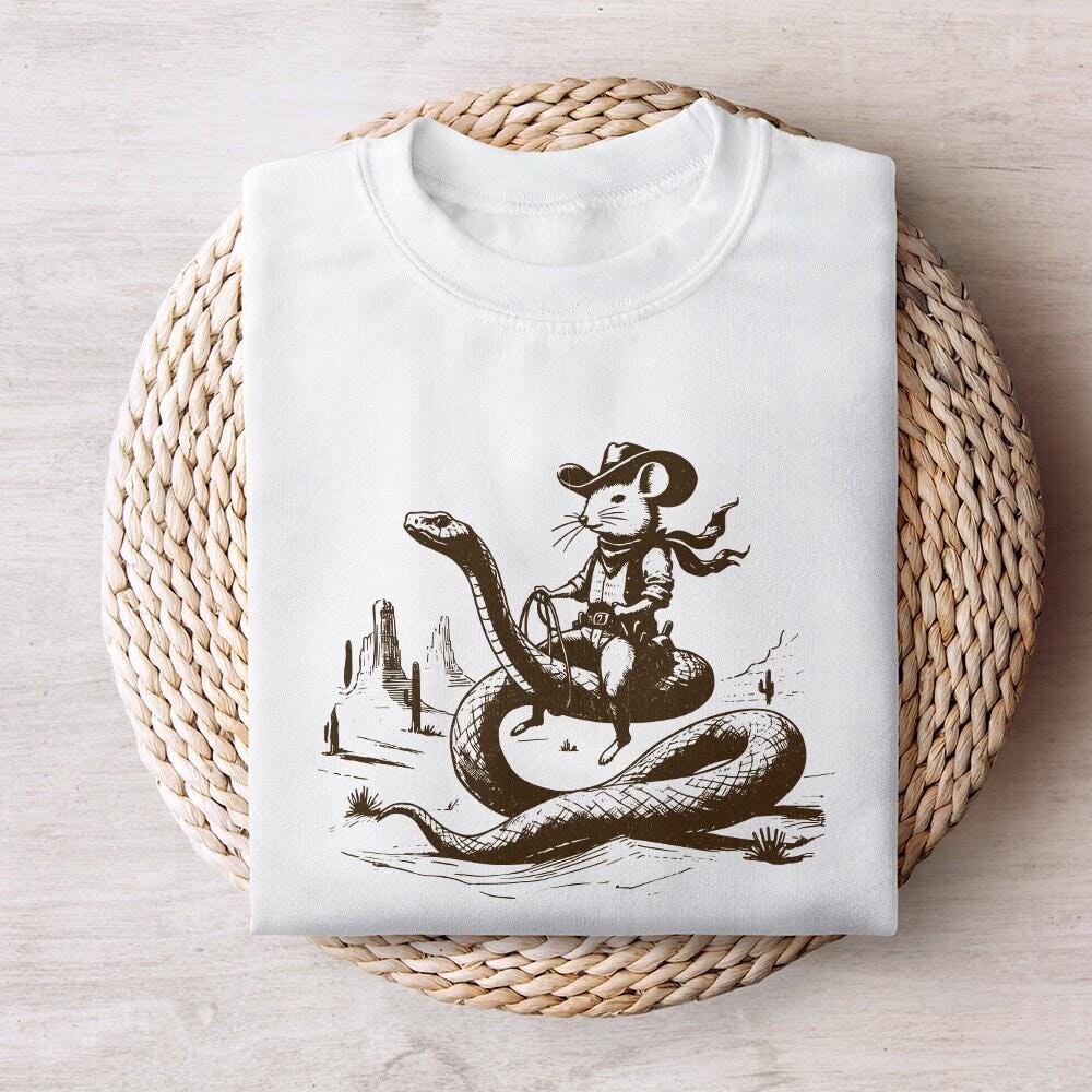 Mouse Cowboy riding Snake PNG, Whimsical Western Art - 300 DPI Design for