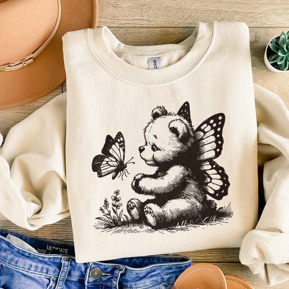Adorable Bear with Butterfly Wings PNG, Vintage Animal Sketch - 300 DPI