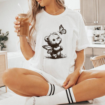 Adorable Grizzly Bear with Butterfly Wings PNG, Vintage Animal Sketch -