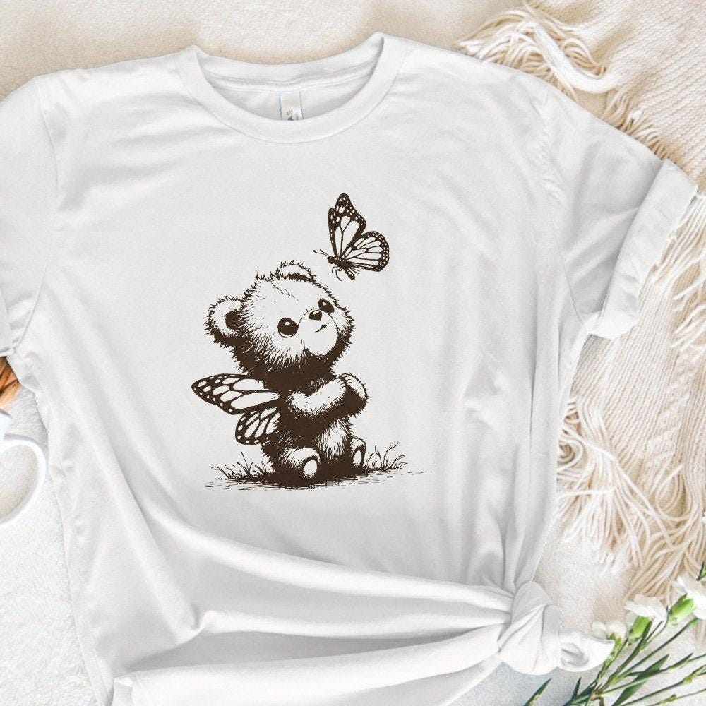 Adorable Grizzly Bear with Butterfly Wings PNG, Vintage Animal Sketch -