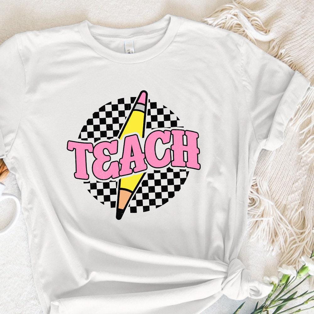 Checkered Teach PNG, Retro Teacher Shirt Sublimation Design - 300 DPI