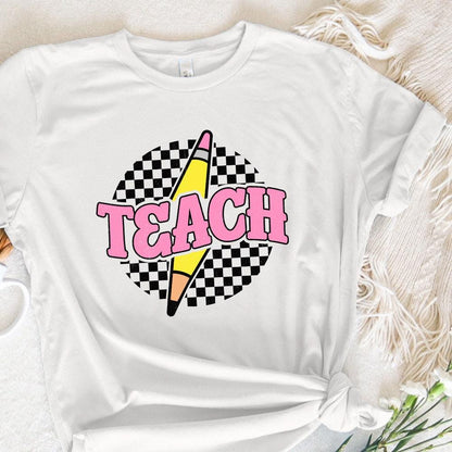 Checkered Teach PNG, Retro Teacher Shirt Sublimation Design - 300 DPI