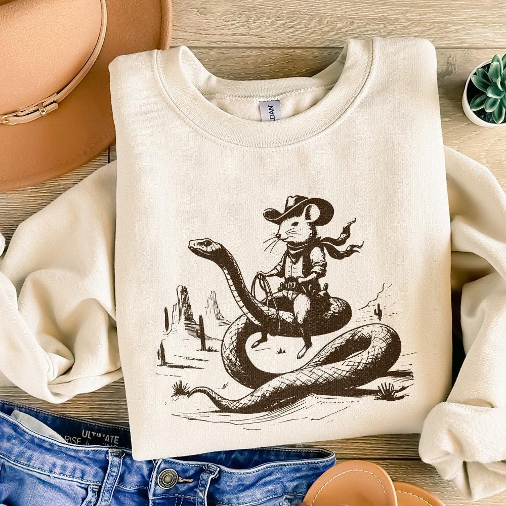 Mouse Cowboy riding Snake PNG, Whimsical Western Art - 300 DPI Design for