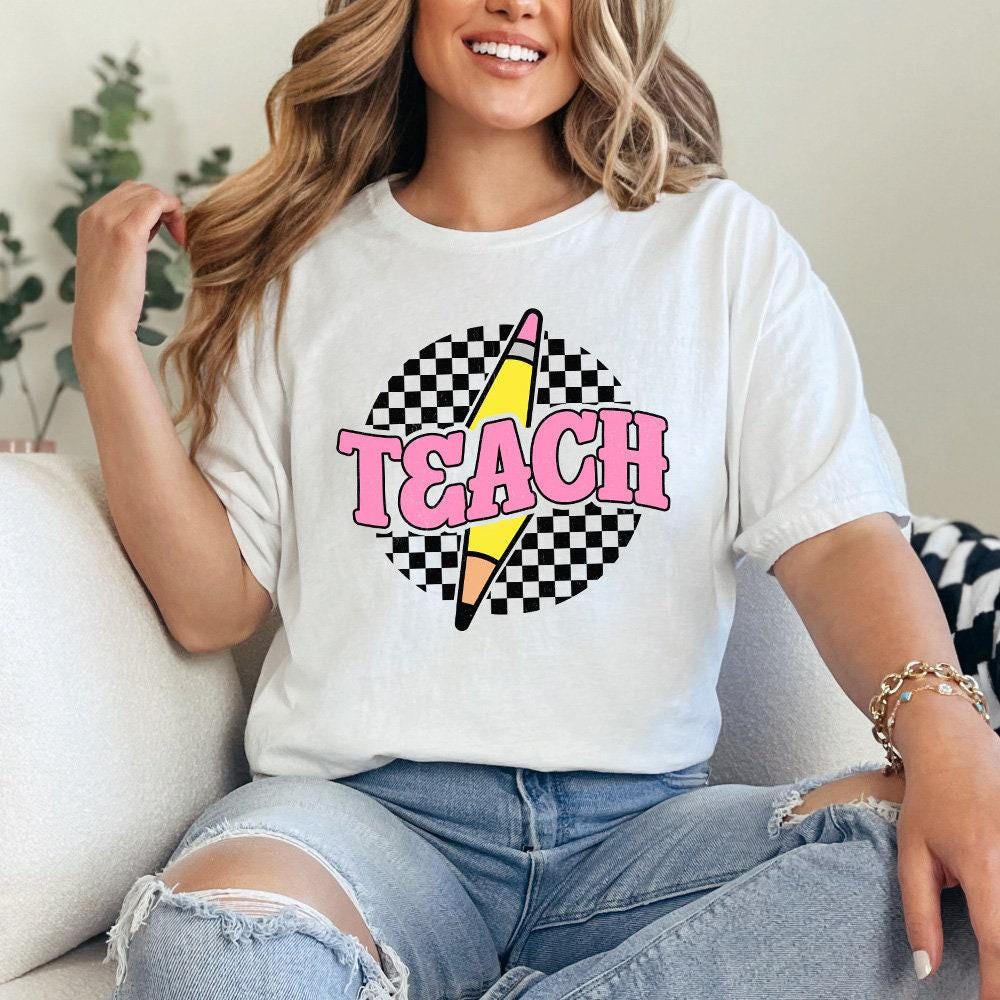 Checkered Teach PNG, Retro Teacher Shirt Sublimation Design - 300 DPI
