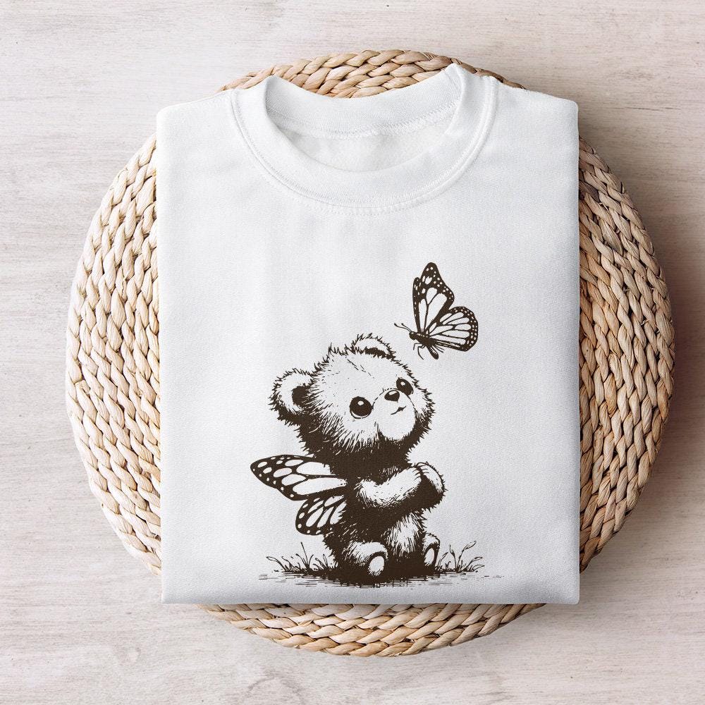 Adorable Grizzly Bear with Butterfly Wings PNG, Vintage Animal Sketch -