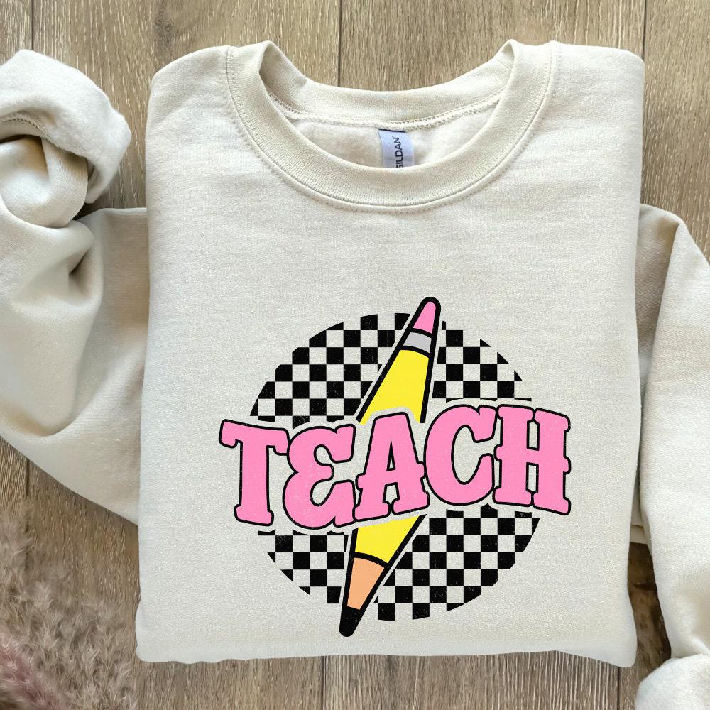 Checkered Teach PNG, Retro Teacher Shirt Sublimation Design - 300 DPI