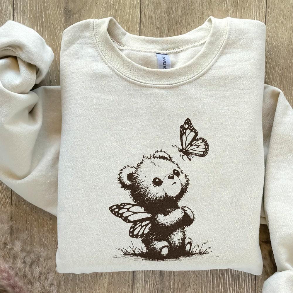 Adorable Grizzly Bear with Butterfly Wings PNG, Vintage Animal Sketch -