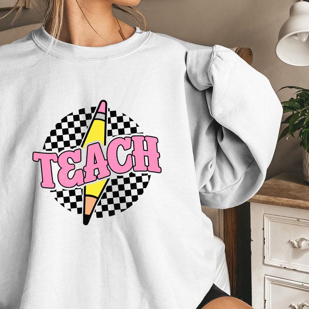 Checkered Teach PNG, Retro Teacher Shirt Sublimation Design - 300 DPI