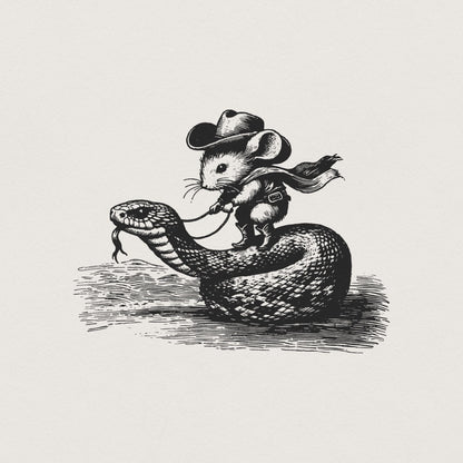 Mouse Cowboy on Snake PNG, Whimsical Western Art - 300 DPI Design for