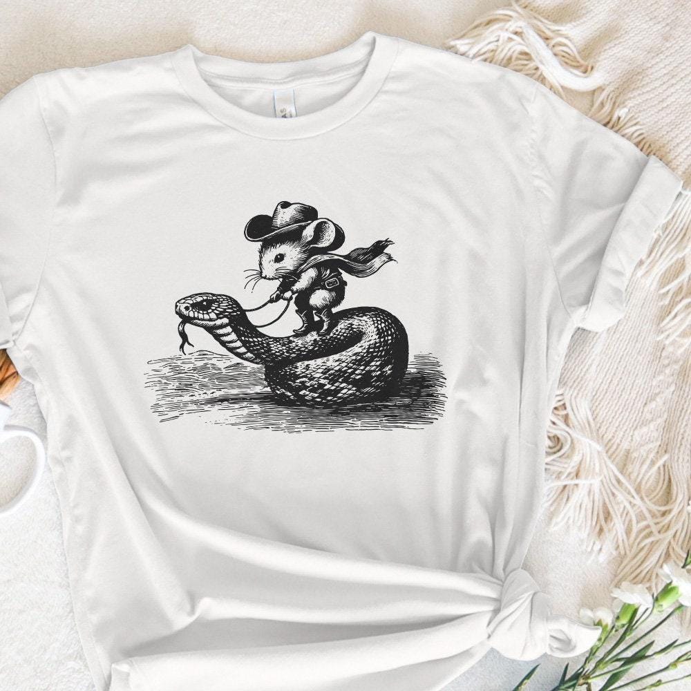 Mouse Cowboy on Snake PNG, Whimsical Western Art - 300 DPI Design for