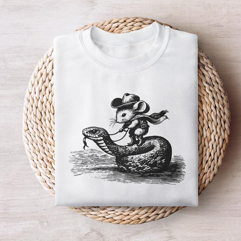 Mouse Cowboy on Snake PNG, Whimsical Western Art - 300 DPI Design for