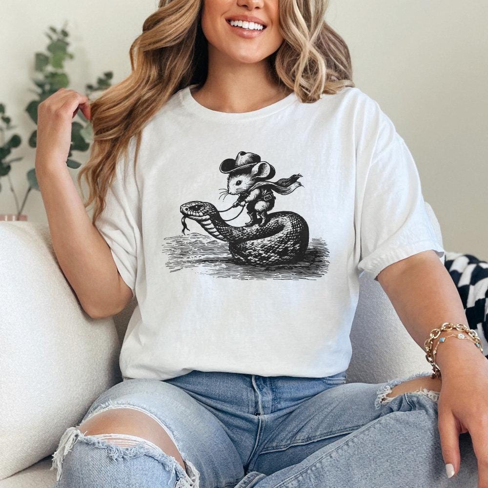 Mouse Cowboy on Snake PNG, Whimsical Western Art - 300 DPI Design for