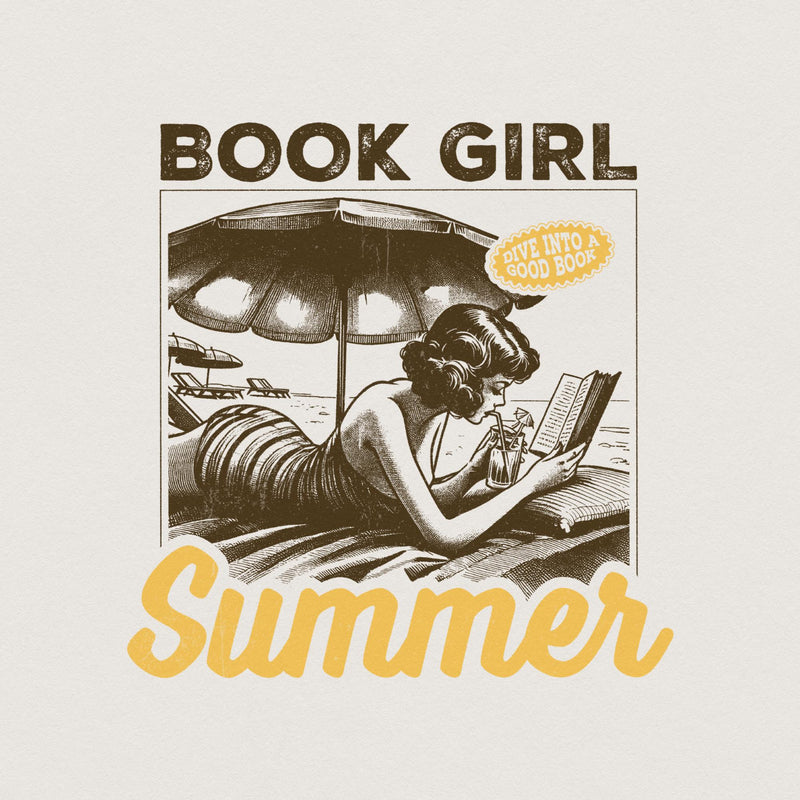 Retro Book Girl Summer sublimation design featuring a woman reading on the beach with a drink under an umbrella, perfect for apparel.