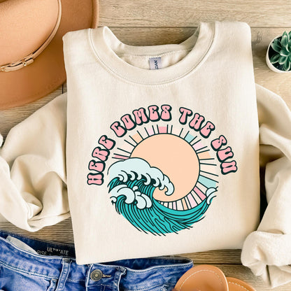 Here Comes the Sun PNG, Retro Beach Waves Summer Design - 300 DPI Design