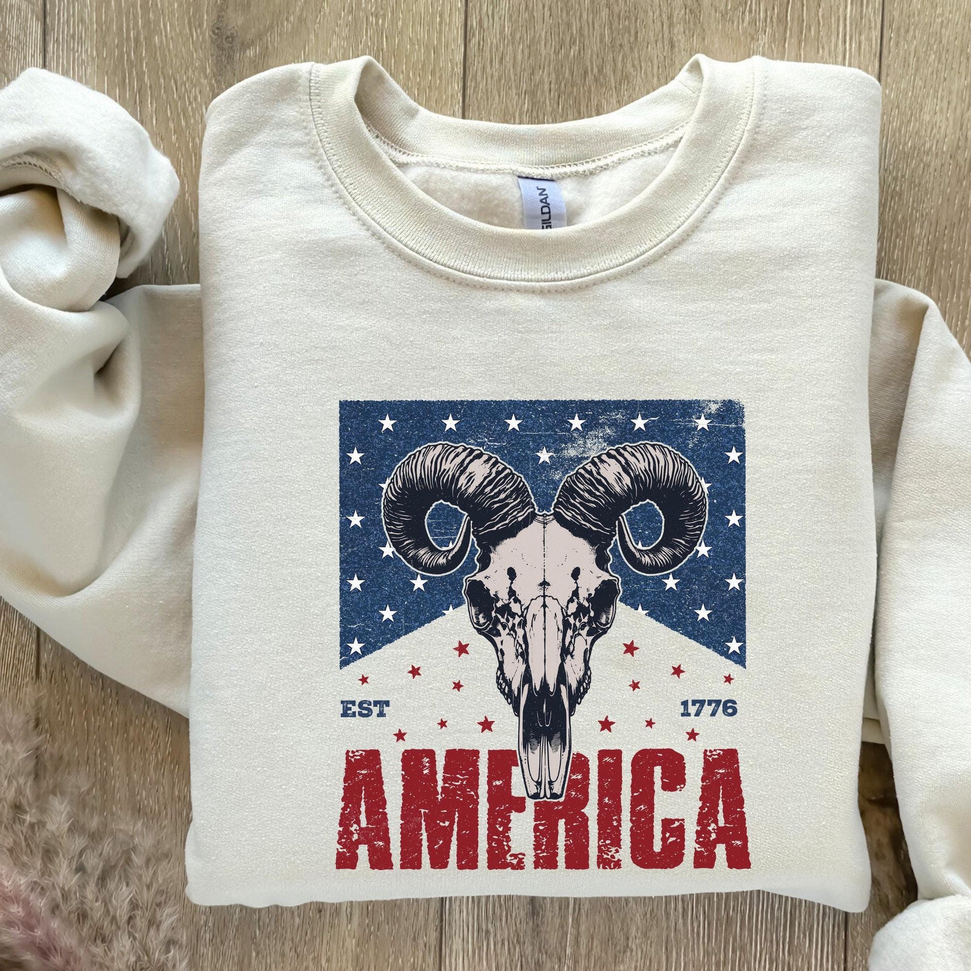 Western Bull Skull American Flag PNG, 4th of July Sublimation Design -