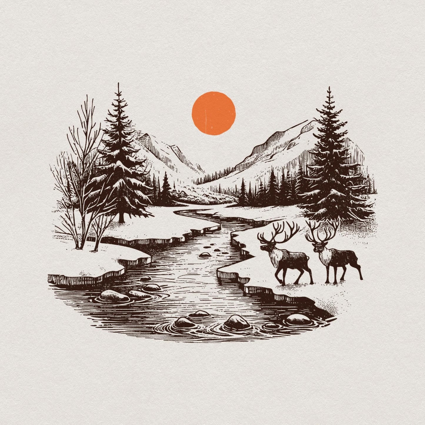 Retro Deer Wilderness Scene PNG, Deer Art Sublimation - 300 DPI Design