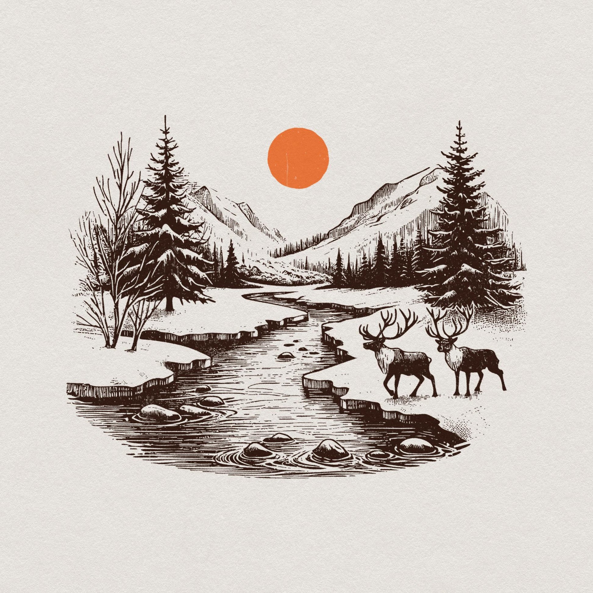 Retro Deer Wilderness Scene PNG, Deer Art Sublimation - 300 DPI Design