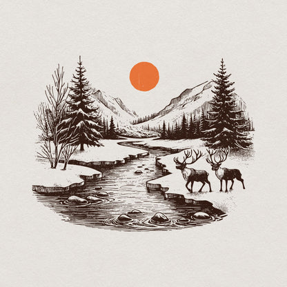 Retro Deer Wilderness Scene PNG, Deer Art Sublimation - 300 DPI Design