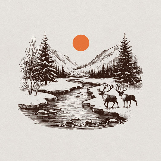 Retro Deer Wilderness Scene PNG, Deer Art Sublimation - 300 DPI Design