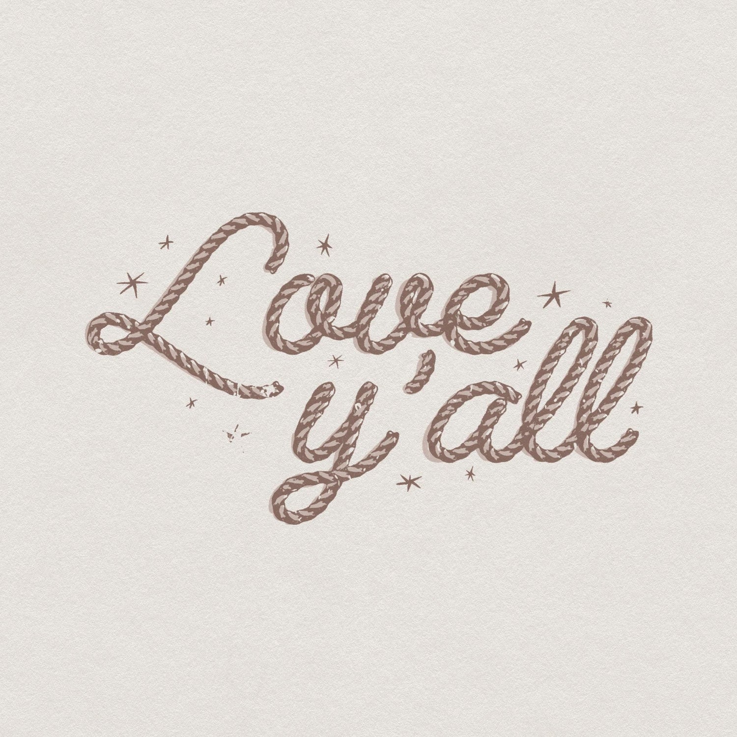 Love Y'all typography design rendered in a rustic brown rope texture with scattered star accents for Western-themed sublimation projects.