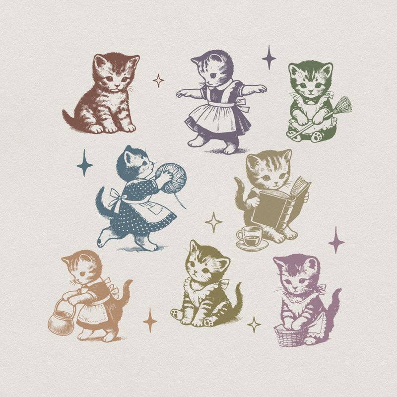 Vintage woodcut style illustration featuring nine whimsical kittens in Victorian aprons with star accents for DIY apparel and sublimation projects.
