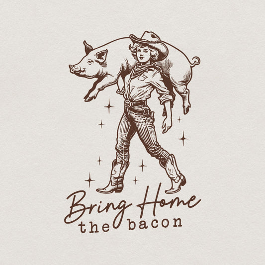 Bring Home the Bacon Retro Cowgirl png Alt 2, Rodeo Cowboy PNG - 300 DPI