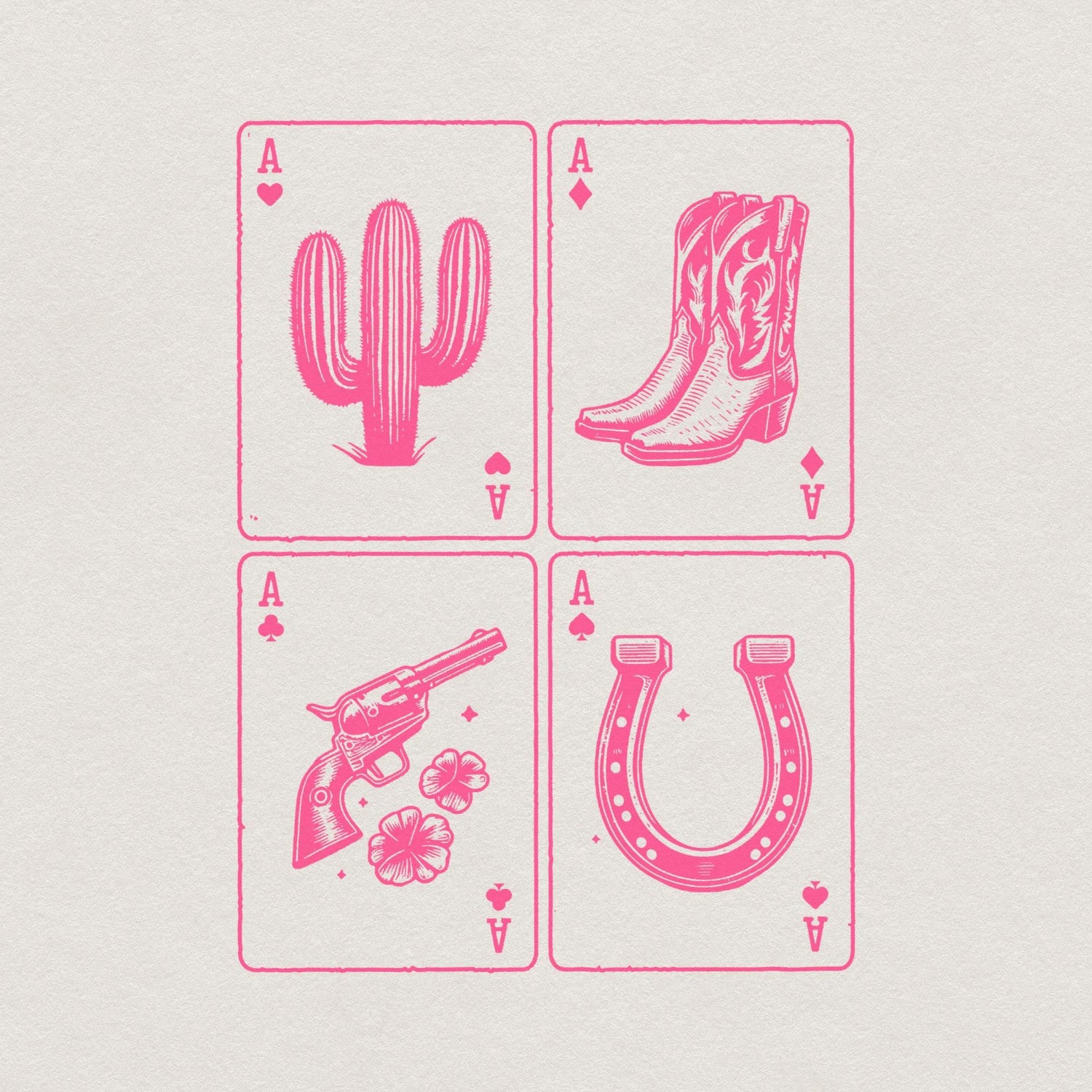 Retro pink western playing card design featuring a cactus, cowboy boots, a revolver with flowers, and a horseshoe for sublimation projects.