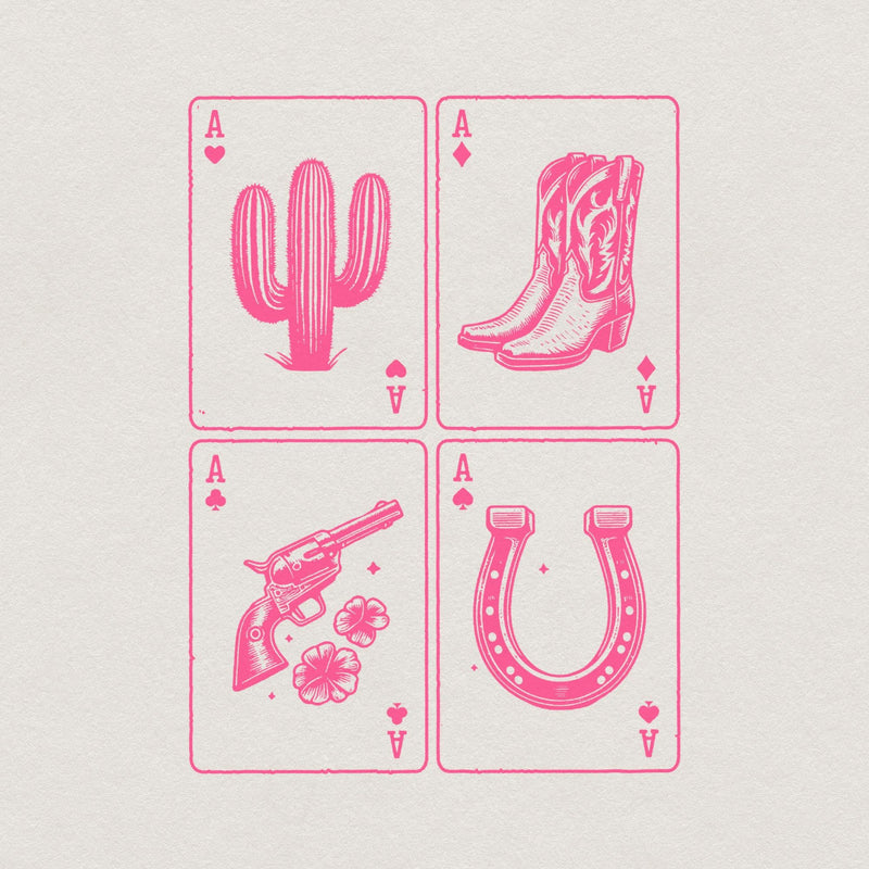 Retro pink western playing card design featuring a cactus, cowboy boots, a revolver with flowers, and a horseshoe for sublimation projects.