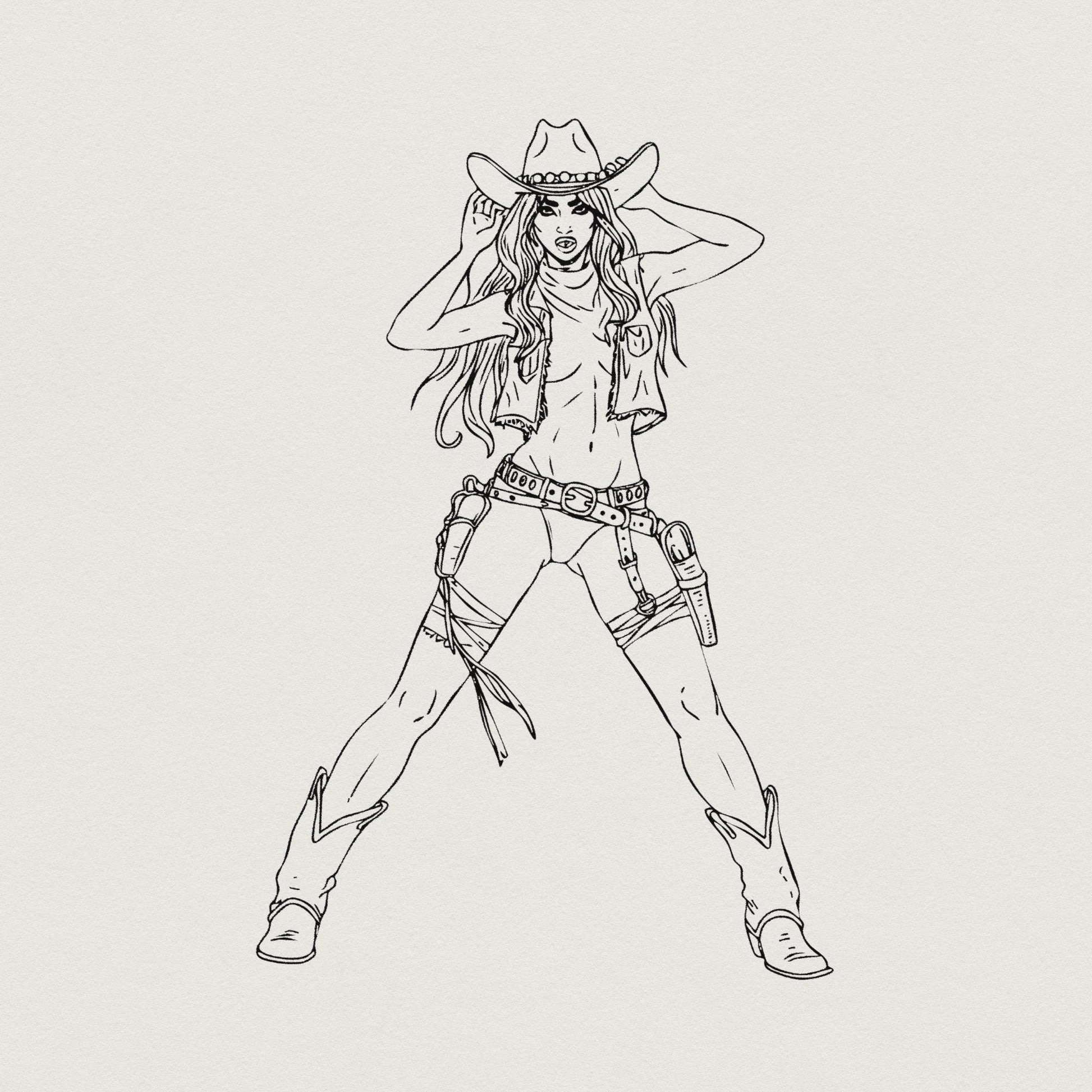Bold Cowgirl Stance PNG, Western Action Art - 300 DPI Design for T-Shirt