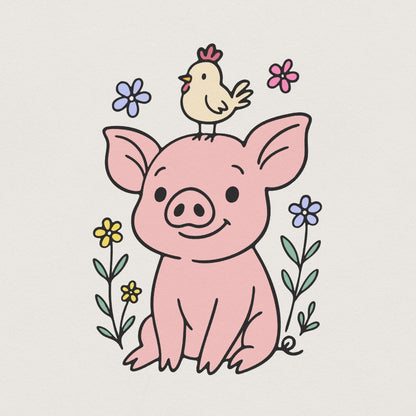 Adorable Pig and Chick PNG, Funny Vintage Farm Clipart - 300 DPI Design