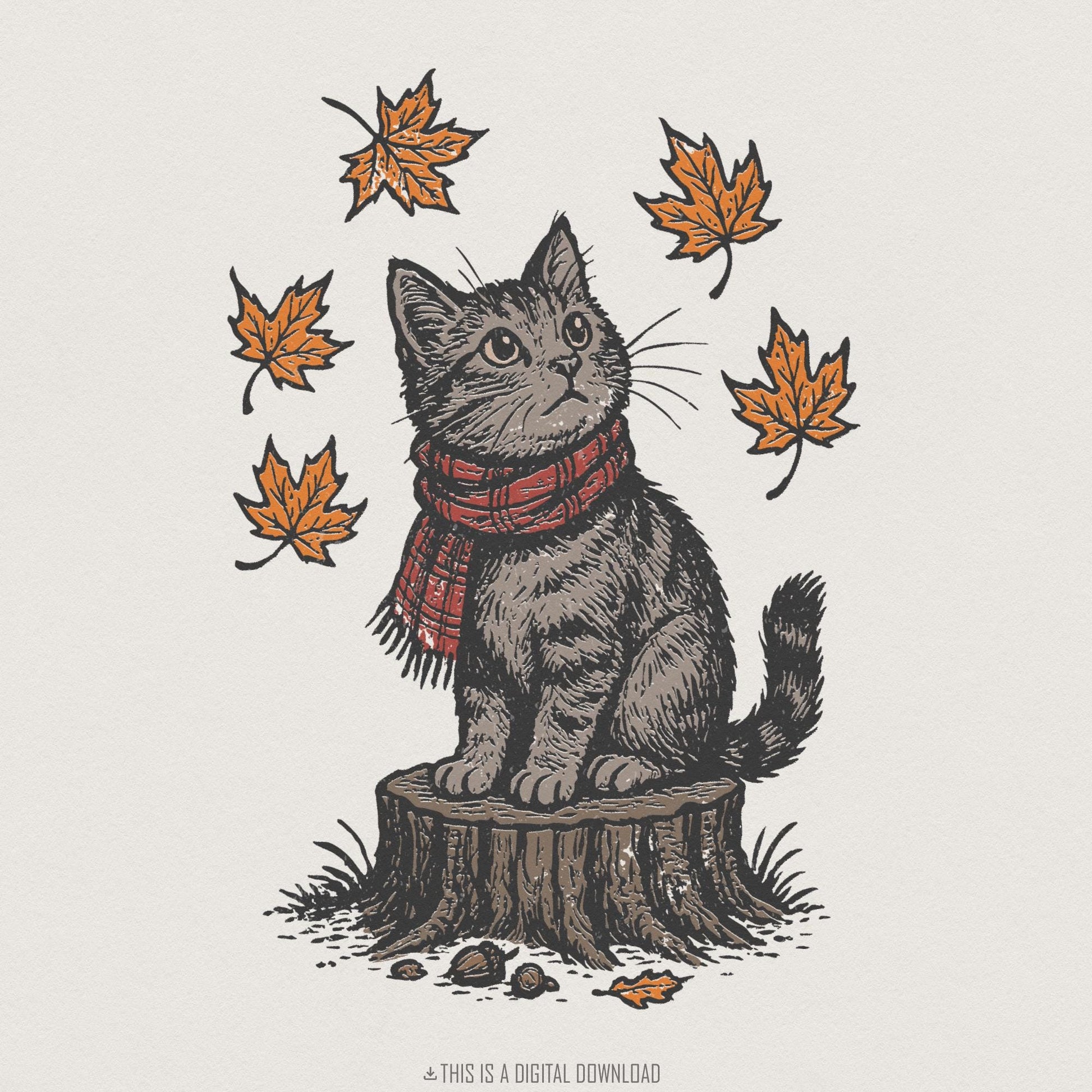 Autumn Cat PNG, Cute Cat on Tree Stump with Falling Leaves - 300 DPI
