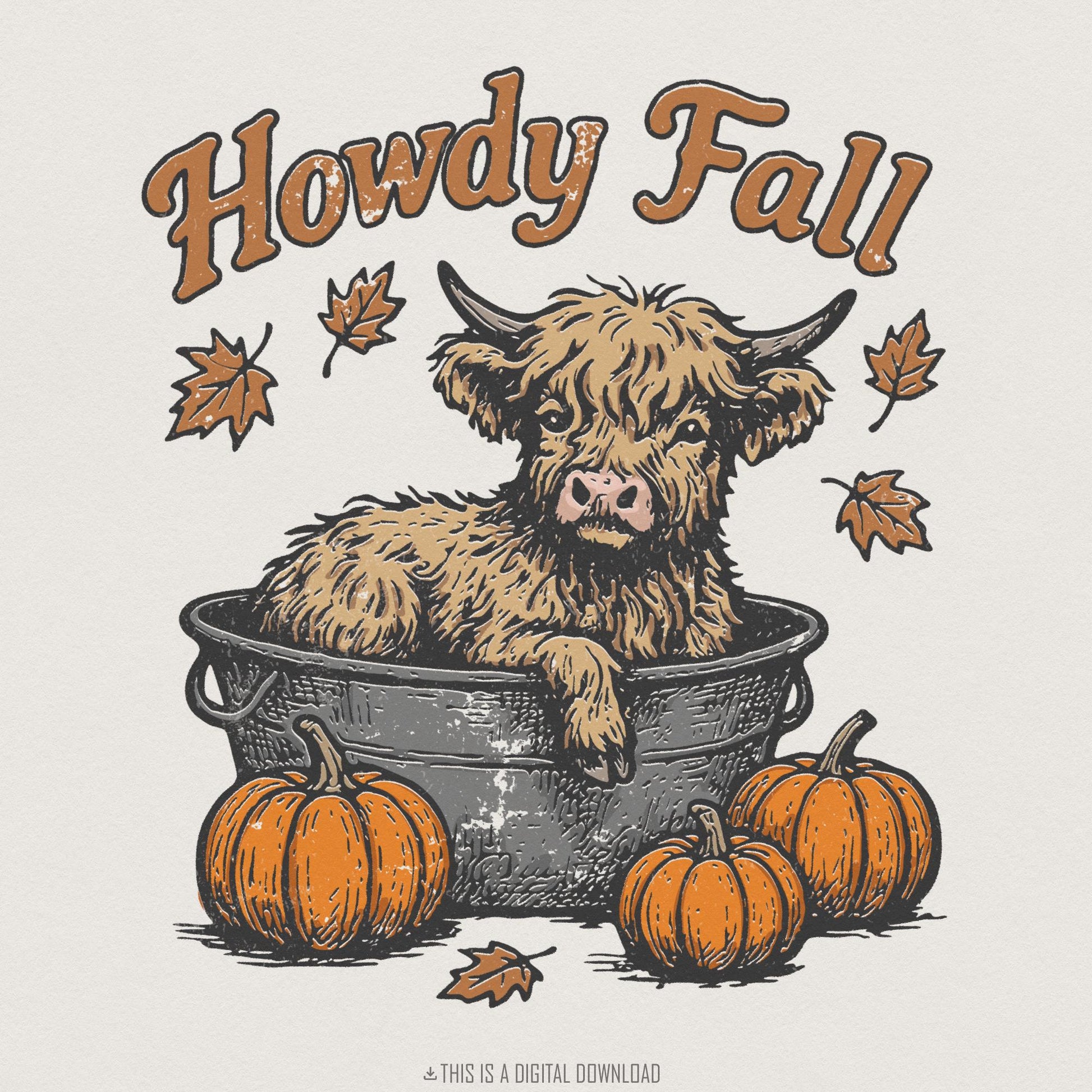 Howdy Fall PNG, Highland Cow Autumn Illustration - 300 DPI Design for