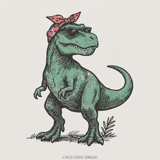 Retro T-Rex PNG, Bandana Dinosaur - 300 DPI Design for T-Shirt