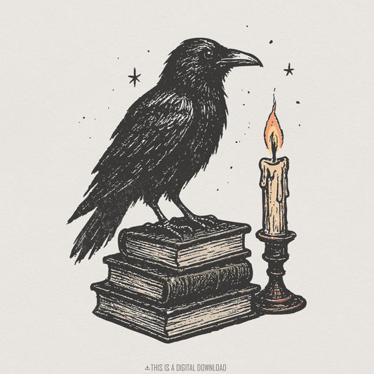 Raven On Books PNG, Vintage Crow Illustration - 300 DPI Design for T-Shirt