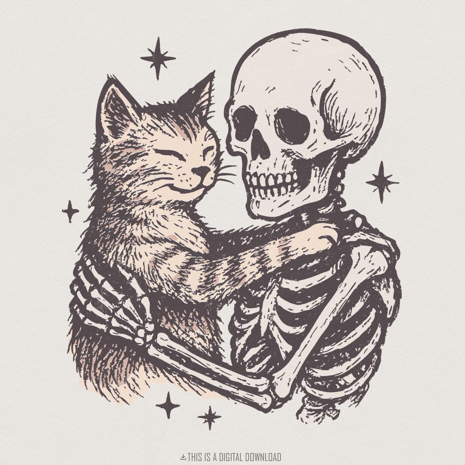 Skeleton Hugging Cat PNG, Cute Halloween Skeleton and Cat Art - 300 DPI