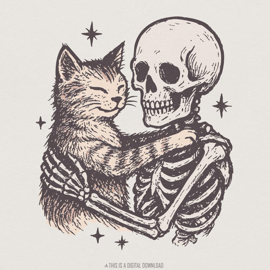 Skeleton Hugging Cat PNG, Cute Halloween Skeleton and Cat Art - 300 DPI