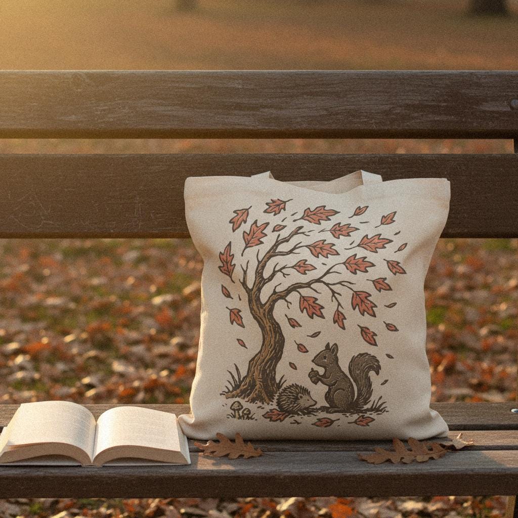 Autumn Woodland Animals PNG, Squirrel and Hedgehog Under Tree - 300 DPI