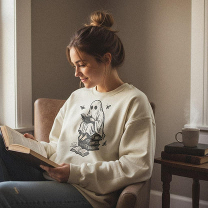 Spooky Ghost Reading PNG, Book Lover Halloween Shirt - 300 DPI Design for