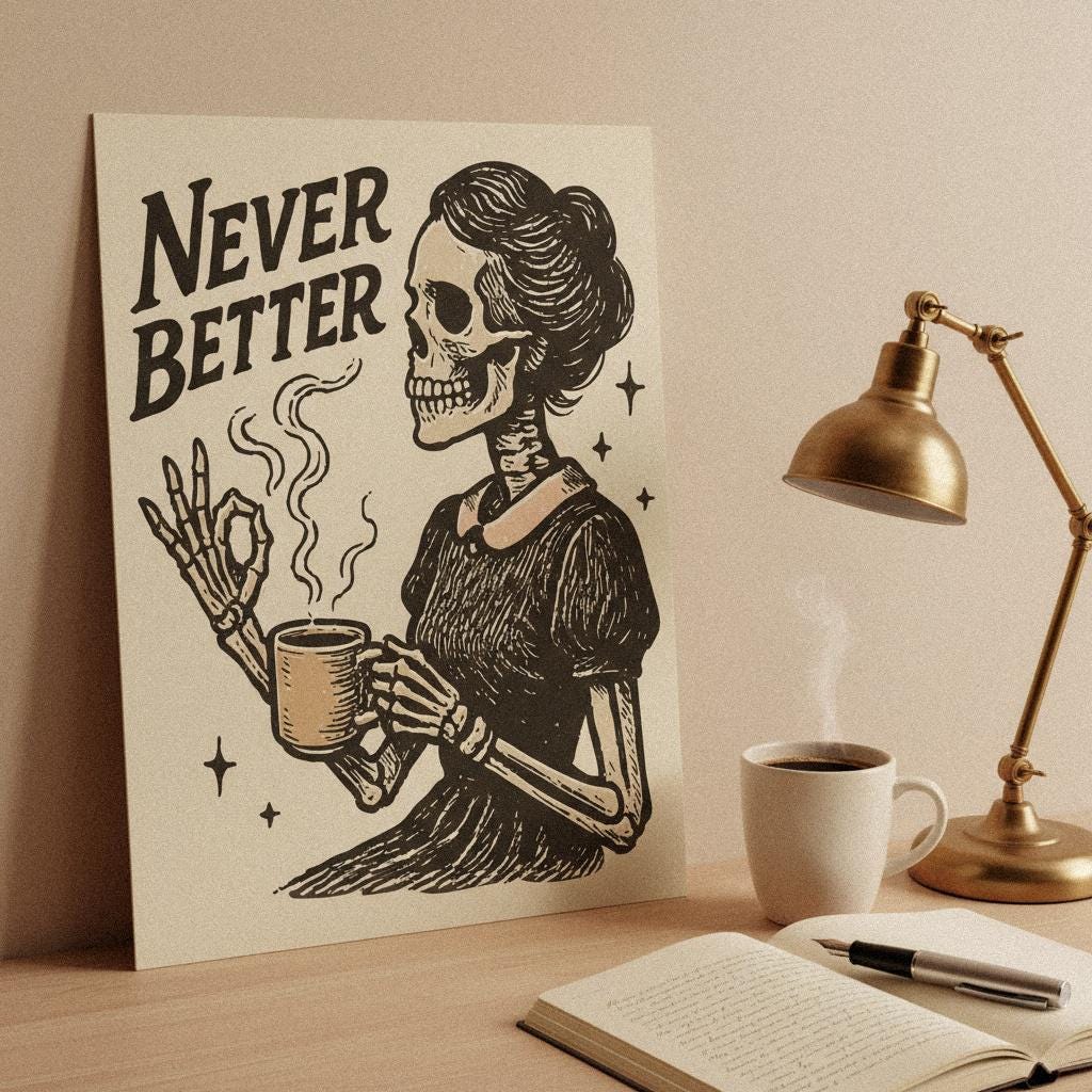 Never Better PNG, Skeleton Drinking Coffee Design - 300 DPI Design for