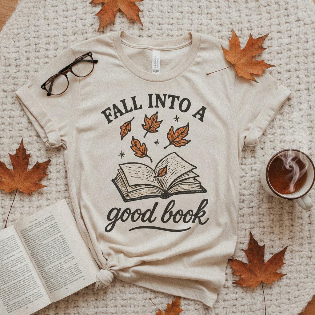 Fall Into a Good Book PNG, Autumn Reading Shirt - 300 DPI Design for
