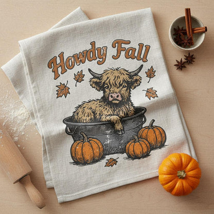 Howdy Fall PNG, Highland Cow Autumn Illustration - 300 DPI Design for
