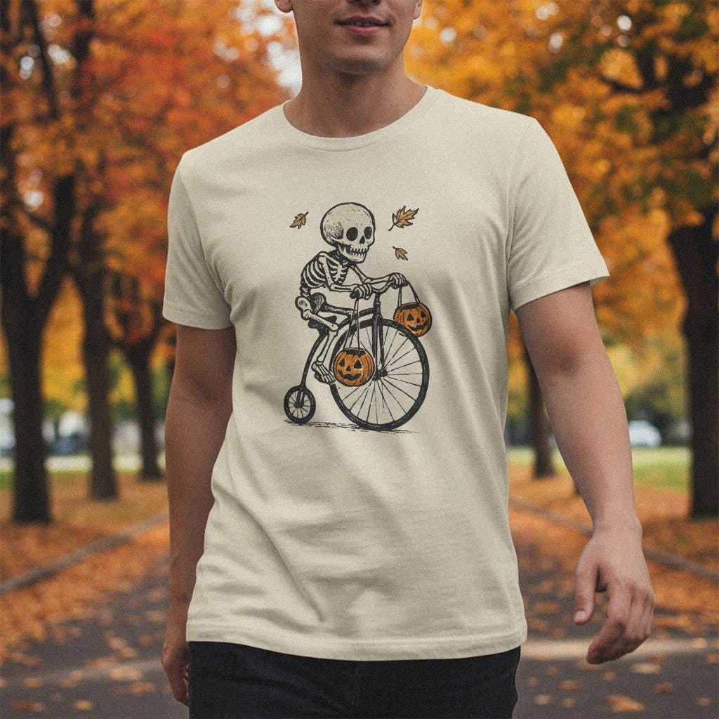 Skeleton Riding Bicycle PNG, Halloween Pumpkin Bike Art - 300 DPI Design