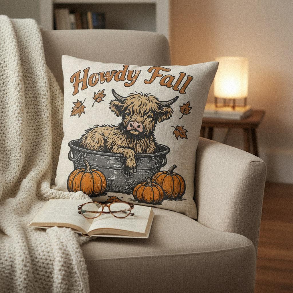 Howdy Fall PNG, Highland Cow Autumn Illustration - 300 DPI Design for
