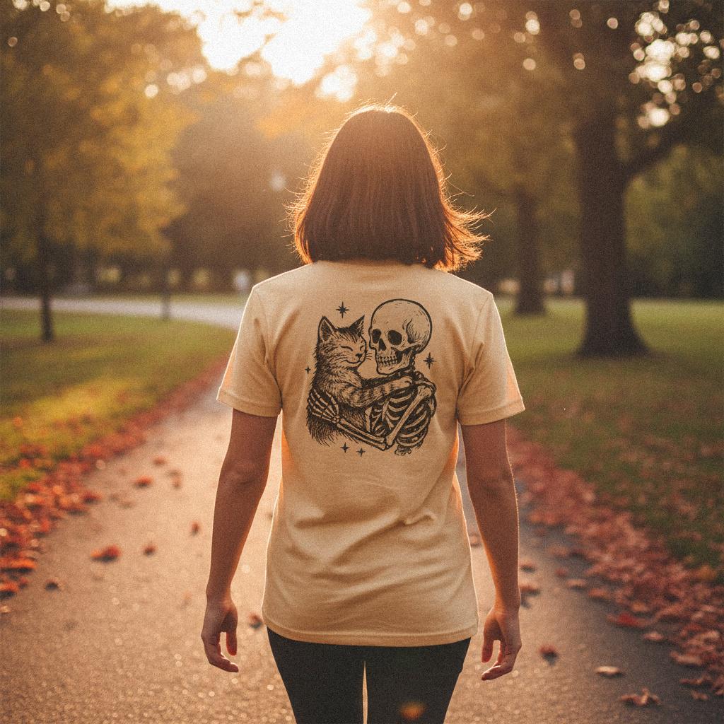 Skeleton Hugging Cat PNG, Cute Halloween Skeleton and Cat Art - 300 DPI