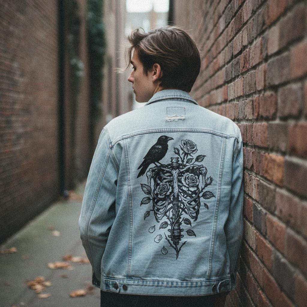 Raven Skeleton with Roses PNG, Gothic Floral Ribcage Digital Download -