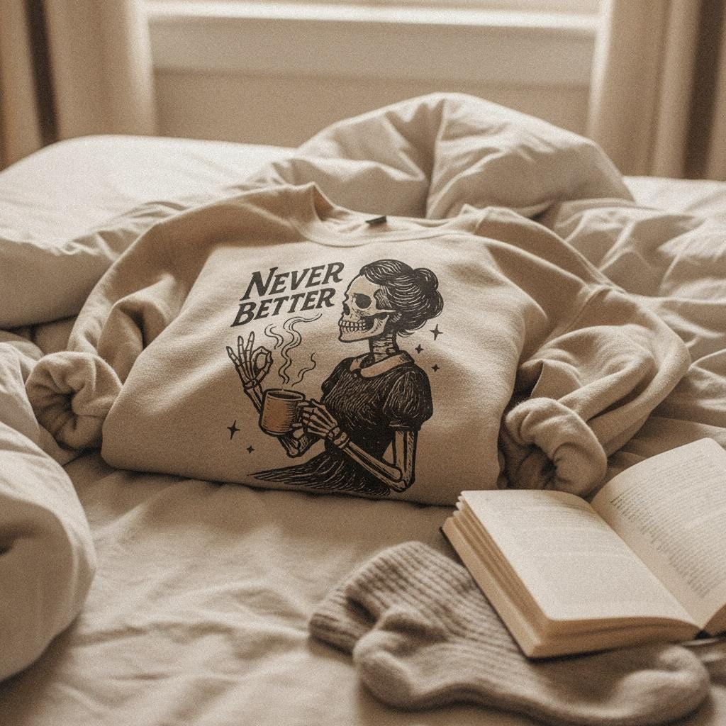 Never Better PNG, Skeleton Drinking Coffee Design - 300 DPI Design for